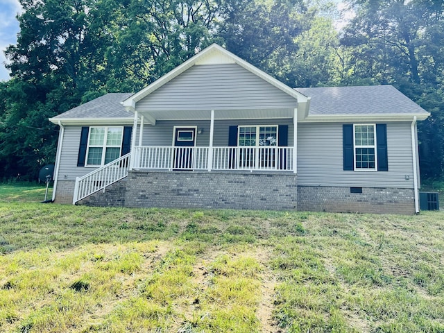 730 Bunker Hill Rd, Pulaski, TN 38478 - ranch-style house with crawl space, a front yard, covered porch, and a shingled roof