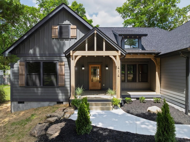 414 Ault Rd, Signal Mountain, TN 37377 - view of front of home with board and batten siding, covered porch, roof with shingles, and crawl space