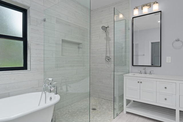 414 Ault Rd, Signal Mountain, TN 37377 - bathroom with a walk in shower, a freestanding tub, and vanity