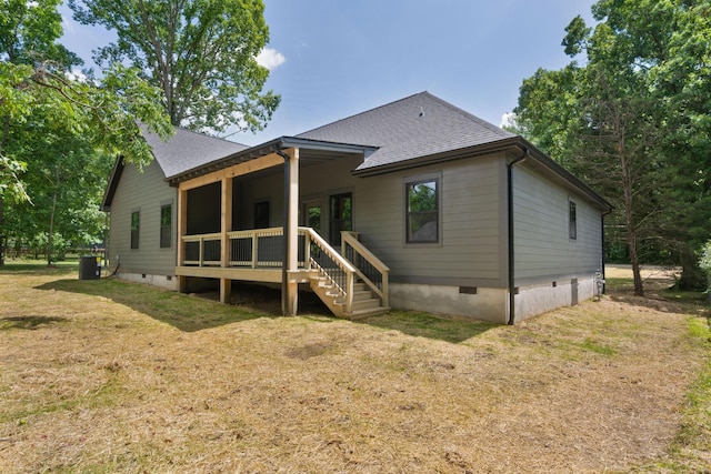 414 Ault Rd, Signal Mountain, TN 37377 - rear view of property with crawl space, a shingled roof, a lawn, and a wooden deck