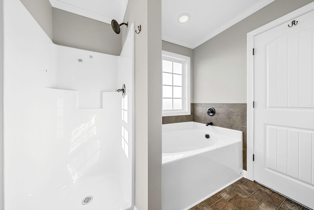 141 Bob White Trl, Oak Grove, KY 42262 - bathroom with a bath, a shower, stone finish flooring, and crown molding