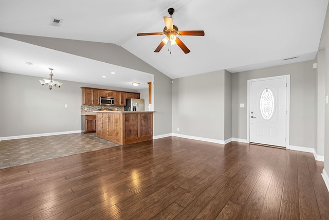 141 Bob White Trl, Oak Grove, KY 42262 - unfurnished living room with a chandelier, dark wood finished floors, a ceiling fan, and lofted ceiling
