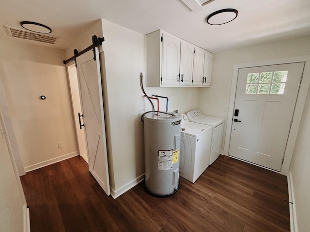 210 N Vine St, Tullahoma, TN 37388 - laundry room with water heater, washer and clothes dryer, cabinet space, dark wood-style flooring, and a barn door