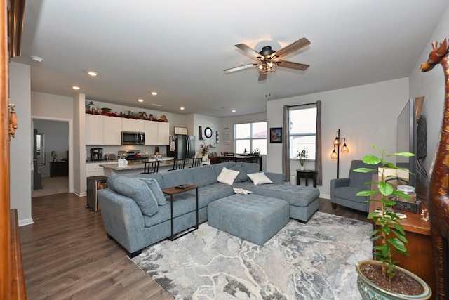7050 Scotlyn Way, White House, TN 37188 - living area featuring dark wood-style flooring, ceiling fan, and recessed lighting