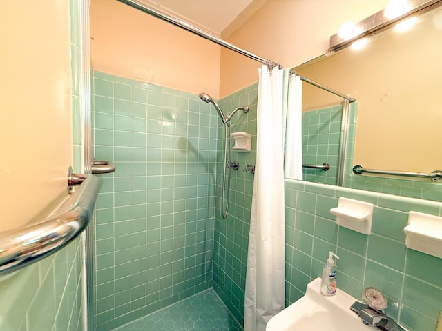 115 Horseshoe St, Pulaski, TN 38478 - bathroom with a stall shower and tile walls