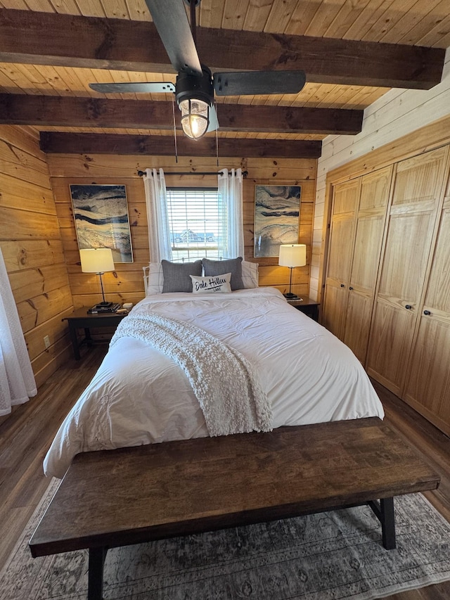 139 E Swan Ridge Rd, Hilham, TN 38568 - bedroom featuring wood walls, a wooden ceiling with exposed beams, wood finished floors, and ceiling fan
