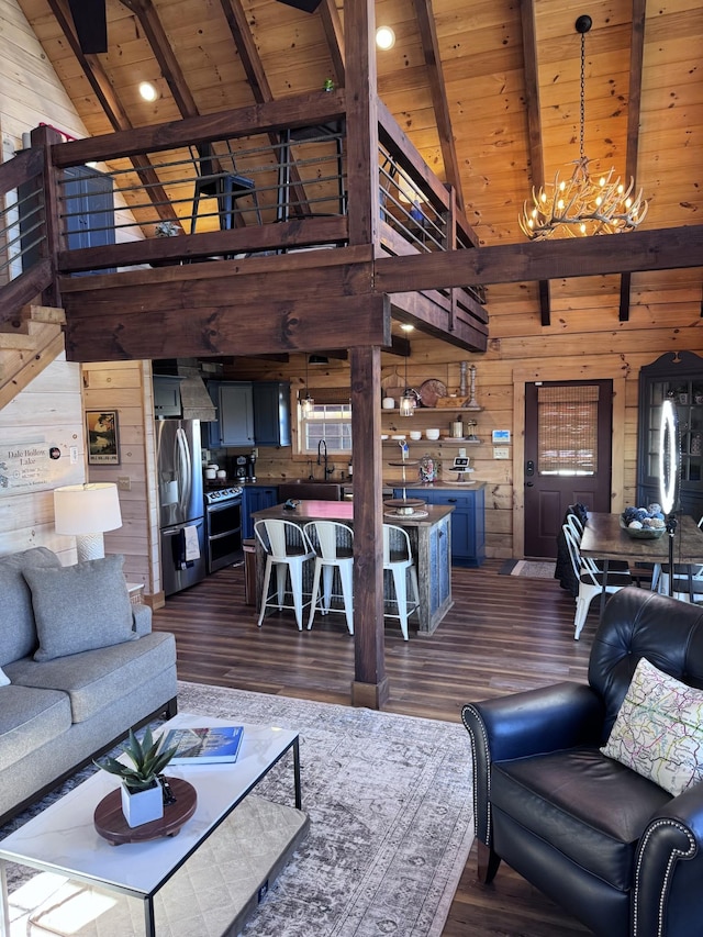 139 E Swan Ridge Rd, Hilham, TN 38568 - living room featuring wood walls, a wooden ceiling with exposed beams, a chandelier, high vaulted ceiling, and stairway