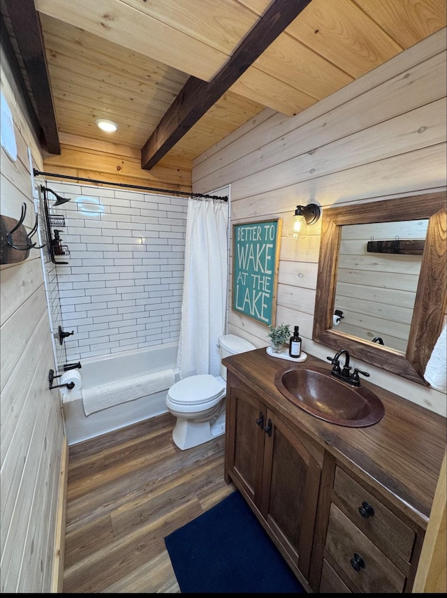 139 E Swan Ridge Rd, Hilham, TN 38568 - full bath featuring wooden walls, vanity, shower / tub combo with curtain, a wooden ceiling with exposed beams, and wood finished floors