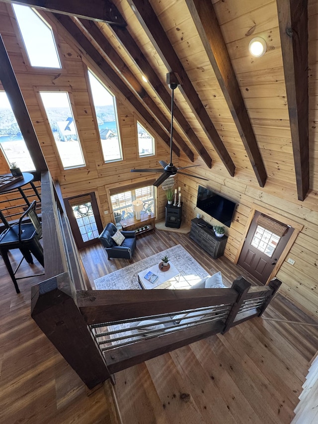 139 E Swan Ridge Rd, Hilham, TN 38568 - living area featuring wood walls, wood ceiling, ceiling fan, and wood finished floors