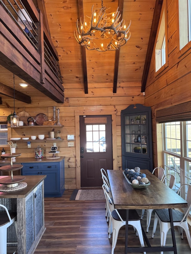139 E Swan Ridge Rd, Hilham, TN 38568 - dining room featuring dark wood finished floors, a chandelier, wooden walls, and wooden ceiling