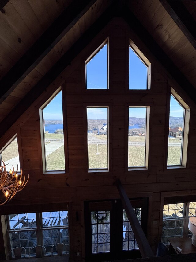 139 E Swan Ridge Rd, Hilham, TN 38568 - detailed view of wooden walls, a wooden ceiling with exposed beams, and a chandelier