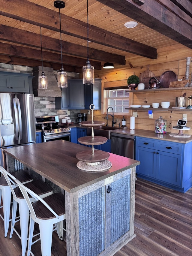 139 E Swan Ridge Rd, Hilham, TN 38568 - kitchen with appliances with stainless steel finishes, blue cabinets, dark wood-style flooring, hanging light fixtures, and a wooden ceiling with exposed beams