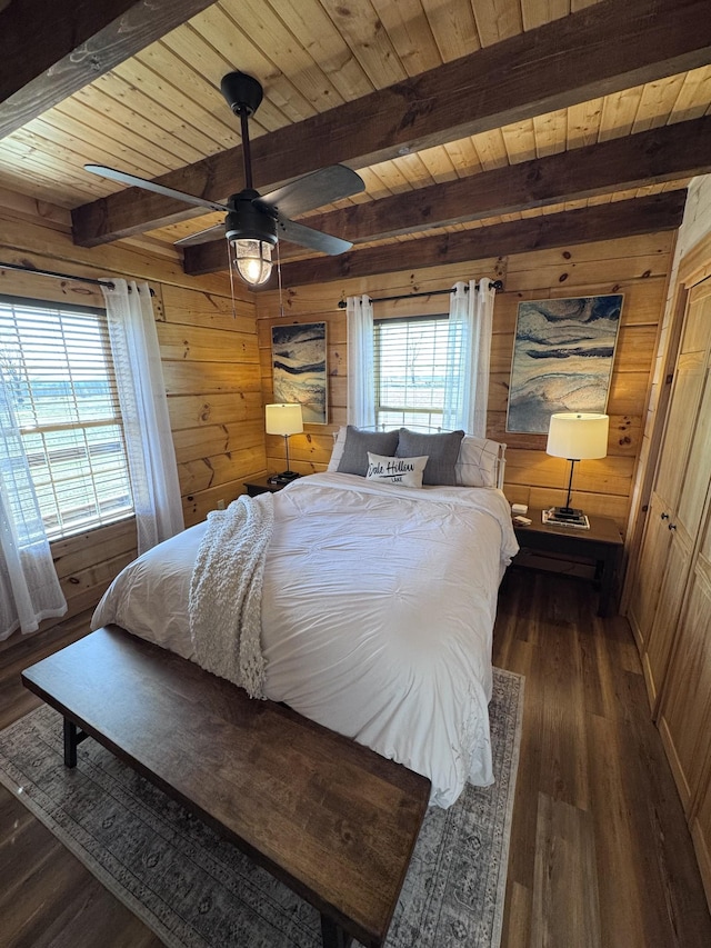 139 E Swan Ridge Rd, Hilham, TN 38568 - bedroom featuring wooden walls, a wooden ceiling with exposed beams, wood finished floors, and ceiling fan