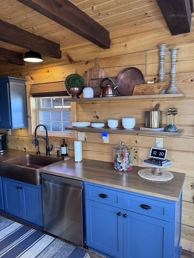 139 E Swan Ridge Rd, Hilham, TN 38568 - kitchen featuring dishwasher, blue cabinets, wood walls, a wood ceiling with exposed beams, and dark countertops