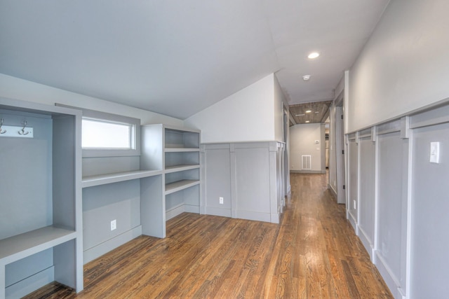 1205 Dr Db Todd Jr Blvd, Nashville, TN 37208 - hall featuring wood finished floors, lofted ceiling, recessed lighting, a decorative wall, and a wainscoted wall
