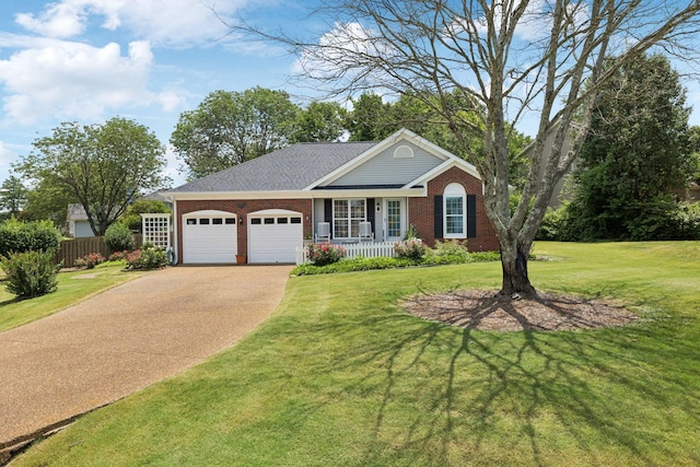 227 Riverbend Dr, Franklin, TN 37064 - ranch-style home with brick siding, a porch, a garage, concrete driveway, and roof with shingles