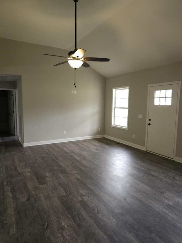 4070 Hartsville Rd, Lafayette, TN 37083 - unfurnished living room with lofted ceiling, dark wood-style floors, and a ceiling fan