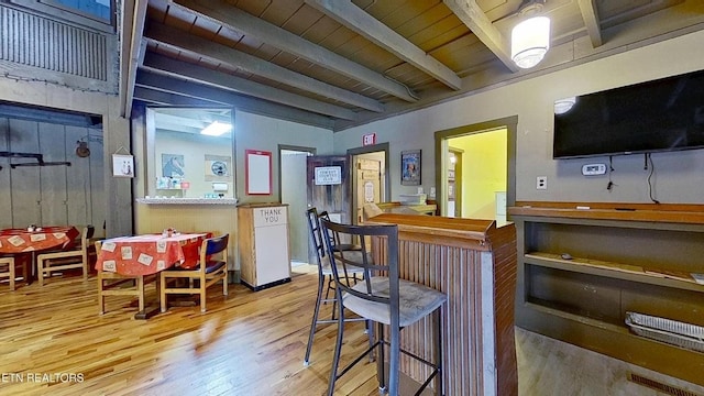 329 Wheeler Ln, Jamestown, TN 38556 - bar area with wood finished floors and a wood ceiling with exposed beams