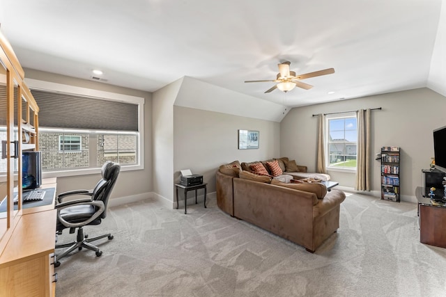 1446 Millstone Creek Rd, Lascassas, TN 37085 - office space with vaulted ceiling, a ceiling fan, carpet floors, and recessed lighting