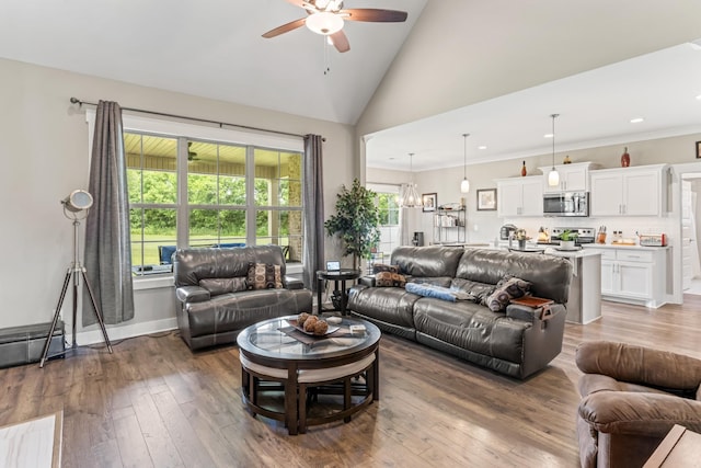 1446 Millstone Creek Rd, Lascassas, TN 37085 - living area featuring ceiling fan, hardwood / wood-style flooring, vaulted ceiling, a chandelier, and recessed lighting
