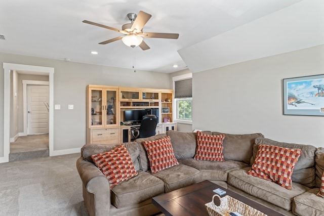1446 Millstone Creek Rd, Lascassas, TN 37085 - living room with carpet, ceiling fan, a desk, and recessed lighting