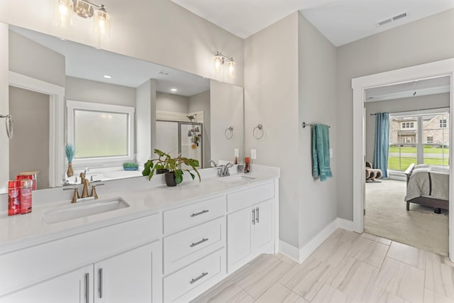 1446 Millstone Creek Rd, Lascassas, TN 37085 - ensuite bathroom with double vanity, a stall shower, and marble finish floors