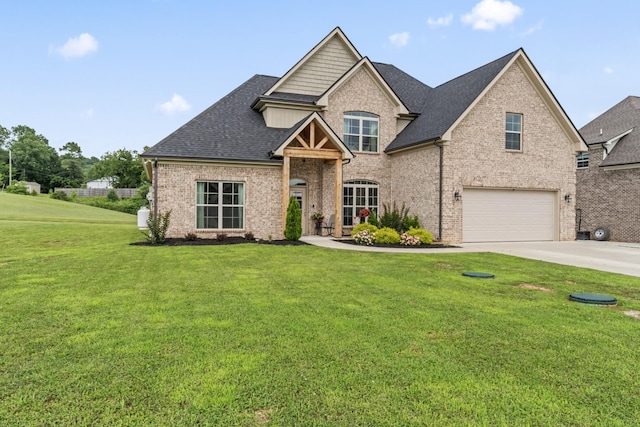 1446 Millstone Creek Rd, Lascassas, TN 37085 - view of front facade with a garage, brick siding, a shingled roof, driveway, and a front lawn