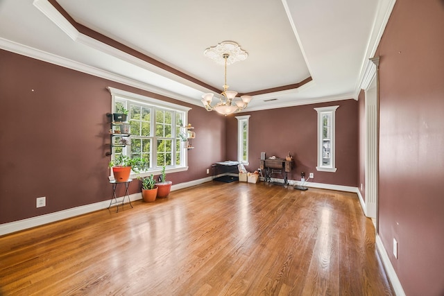 1134 Pee Dee Branch Rd, Cottontown, TN 37048 - unfurnished room featuring a raised ceiling, a chandelier, wood finished floors, and ornamental molding