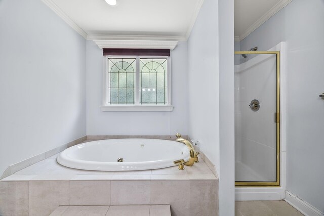 1134 Pee Dee Branch Rd, Cottontown, TN 37048 - bathroom with a stall shower, ornamental molding, and a tub with jets