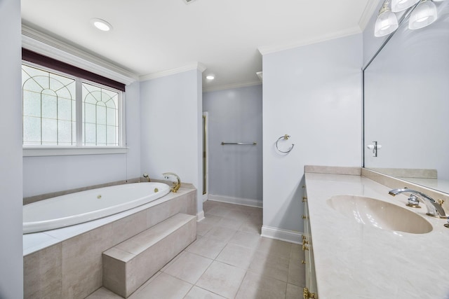 1134 Pee Dee Branch Rd, Cottontown, TN 37048 - full bathroom featuring vanity, a bath, crown molding, tile patterned flooring, and a stall shower