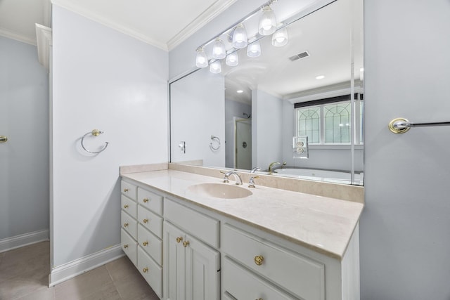 1134 Pee Dee Branch Rd, Cottontown, TN 37048 - bathroom with vanity, crown molding, an enclosed shower, and tile patterned floors