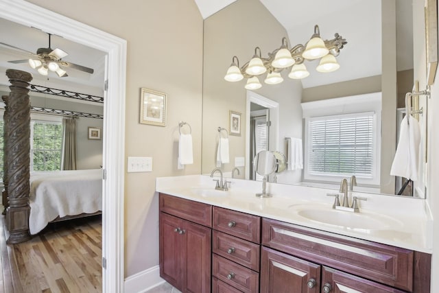 511 Derby Downs, Lebanon, TN 37087 - full bathroom featuring double vanity, a ceiling fan, wood finished floors, connected bathroom, and lofted ceiling
