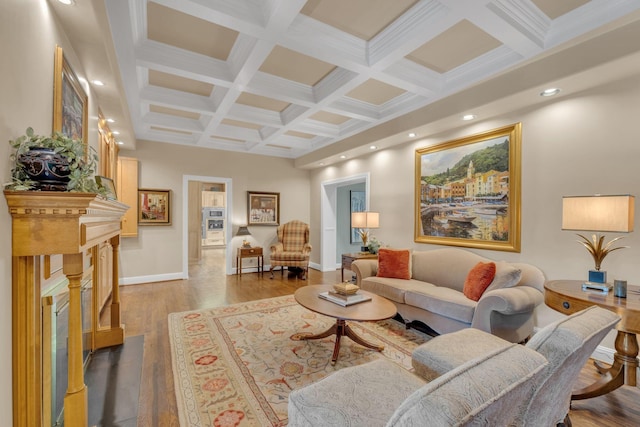 111 Hardingwoods Pl, Nashville, TN 37205 - living area with coffered ceiling, beamed ceiling, wood finished floors, and recessed lighting