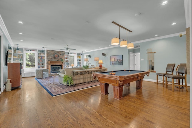 111 Hardingwoods Pl, Nashville, TN 37205 - recreation room featuring crown molding, ceiling fan, recessed lighting, billiards, and a fireplace