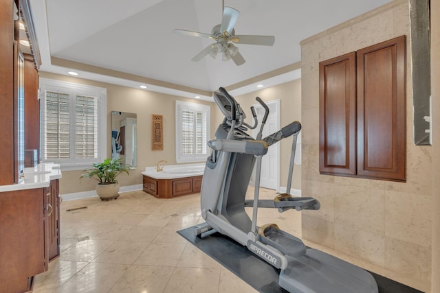 111 Hardingwoods Pl, Nashville, TN 37205 - exercise area with ceiling fan, recessed lighting, and light tile patterned floors
