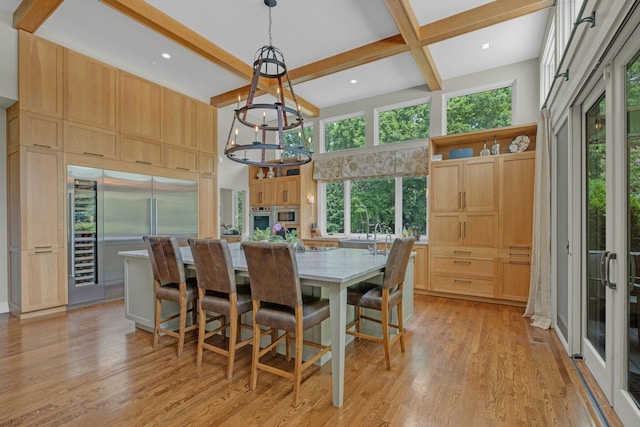 111 Hardingwoods Pl, Nashville, TN 37205 - dining space with light wood-style floors, beamed ceiling, a chandelier, recessed lighting, and coffered ceiling