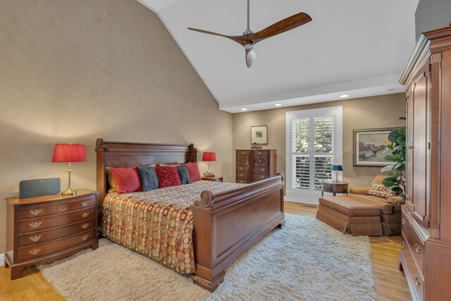 111 Hardingwoods Pl, Nashville, TN 37205 - bedroom featuring light wood-style floors, vaulted ceiling, ceiling fan, and recessed lighting
