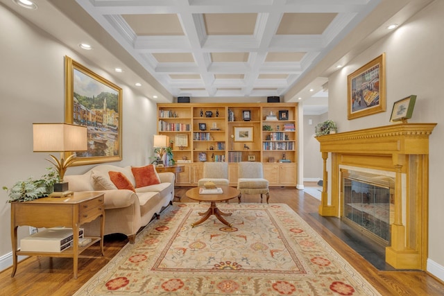 111 Hardingwoods Pl, Nashville, TN 37205 - living area featuring coffered ceiling, a fireplace with flush hearth, beamed ceiling, dark wood-style flooring, and recessed lighting