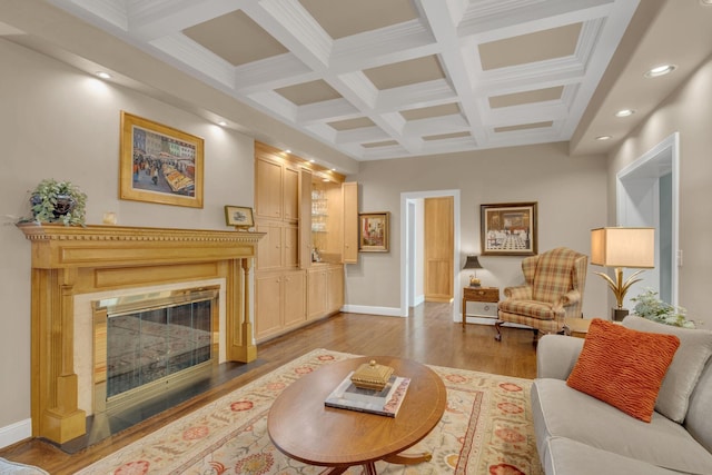 111 Hardingwoods Pl, Nashville, TN 37205 - living area featuring coffered ceiling, beamed ceiling, wood finished floors, a glass covered fireplace, and recessed lighting