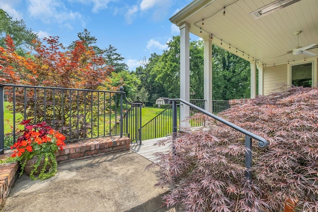 111 Hardingwoods Pl, Nashville, TN 37205 - view of patio / terrace with a ceiling fan and an outdoor structure