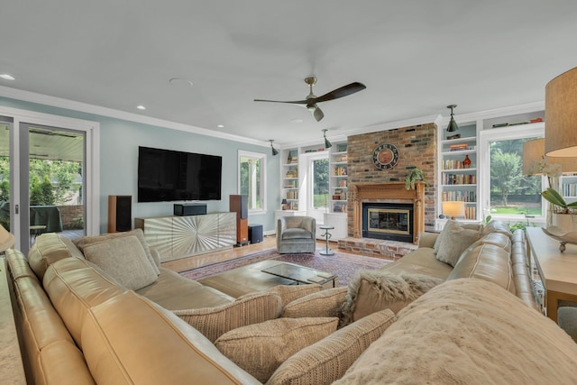 111 Hardingwoods Pl, Nashville, TN 37205 - living area with a ceiling fan, ornamental molding, recessed lighting, built in shelves, and a fireplace