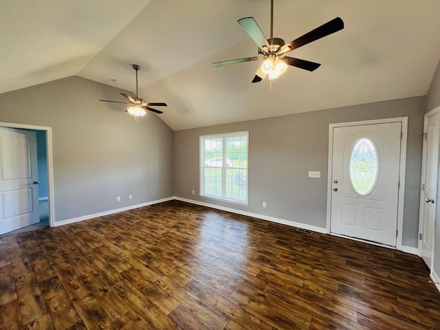4977 Little Dry Creek Rd, Pulaski, TN 38478 - foyer entrance featuring ceiling fan, vaulted ceiling, and dark wood finished floors