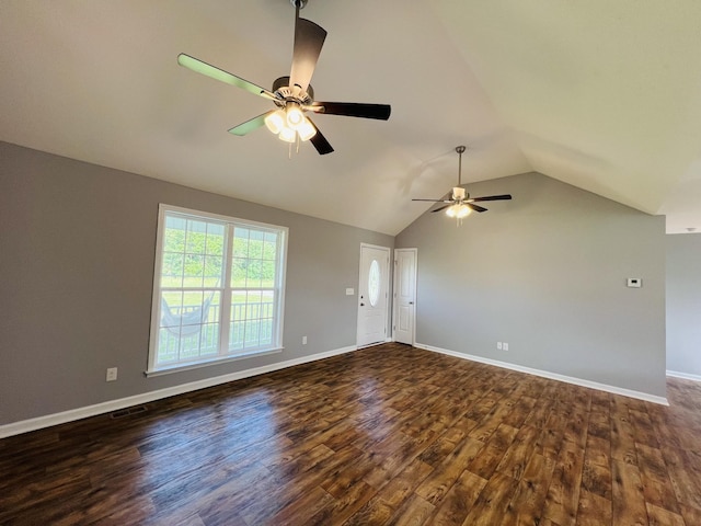 4977 Little Dry Creek Rd, Pulaski, TN 38478 - spare room with ceiling fan, vaulted ceiling, and dark wood-type flooring