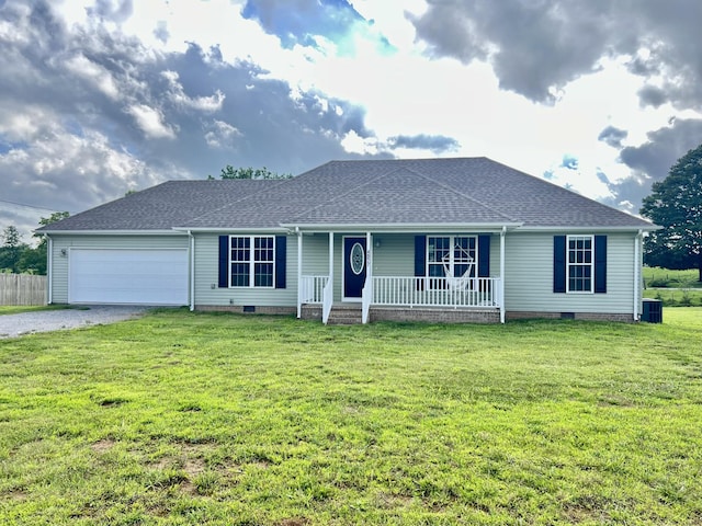 4977 Little Dry Creek Rd, Pulaski, TN 38478 - ranch-style house featuring driveway, covered porch, a garage, crawl space, and a shingled roof