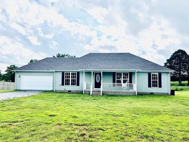 4977 Little Dry Creek Rd, Pulaski, TN 38478 - ranch-style home featuring gravel driveway, a porch, an attached garage, a shingled roof, and crawl space