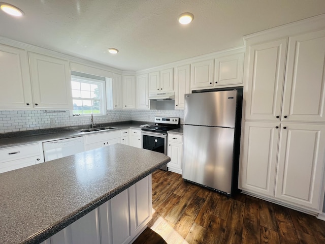 4977 Little Dry Creek Rd, Pulaski, TN 38478 - kitchen featuring appliances with stainless steel finishes, under cabinet range hood, white cabinets, and recessed lighting