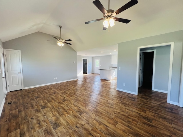 4977 Little Dry Creek Rd, Pulaski, TN 38478 - unfurnished living room with a ceiling fan, dark wood-style flooring, and high vaulted ceiling