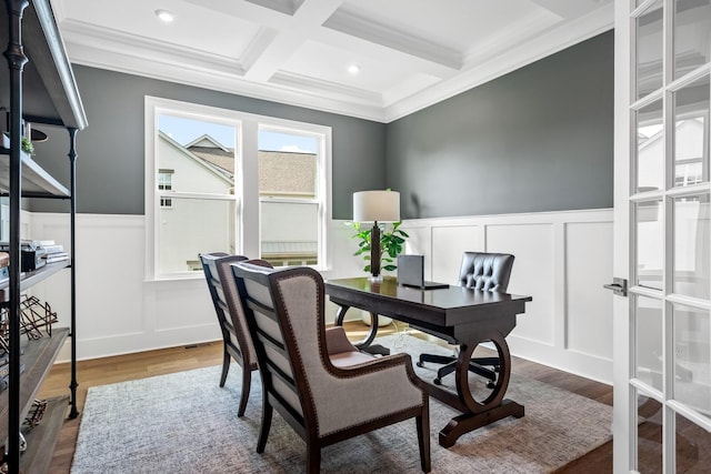 7262 Murrel Dr, Franklin, TN 37064 - office area featuring a decorative wall, crown molding, coffered ceiling, beamed ceiling, and wood finished floors