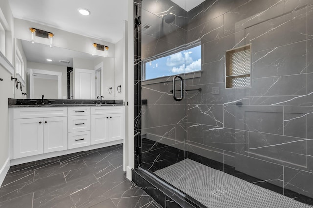 333 Isbill Rd, Chattanooga, TN 37419 - bathroom featuring marble tiled floors, double vanity, a stall shower, and recessed lighting