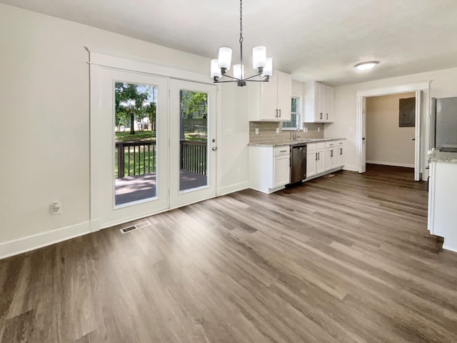 7203 Chester Rd, Fairview, TN 37062 - kitchen with dishwasher, dark wood-type flooring, a chandelier, white cabinetry, and decorative backsplash
